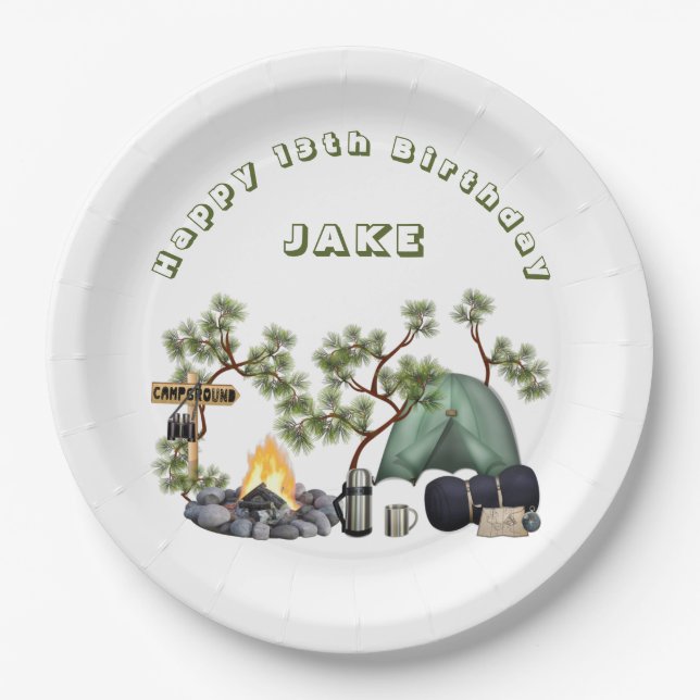 Camping Themed Happy Birthday Personalised Napkins Paper Plate (Front)