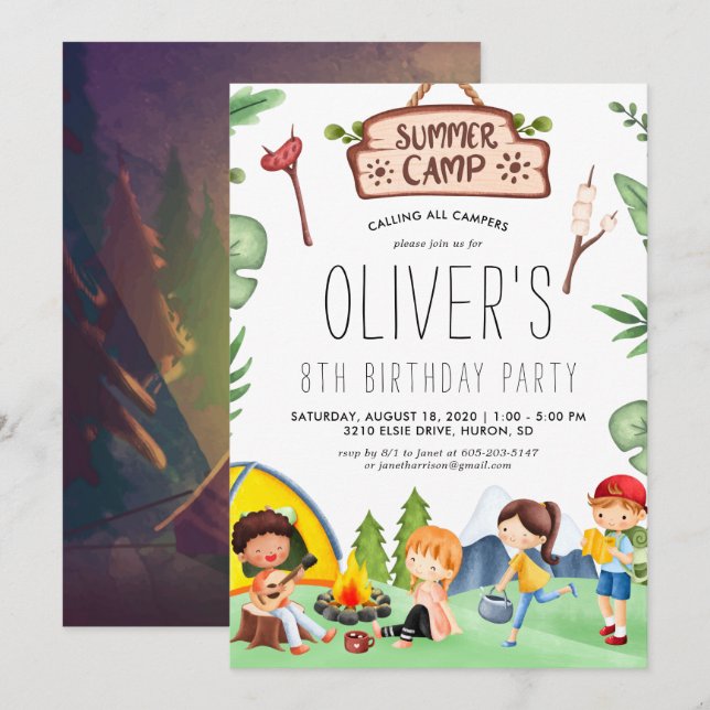 Camping Themed Kids Summer Camp | Birthday Party Invitation (Front/Back)
