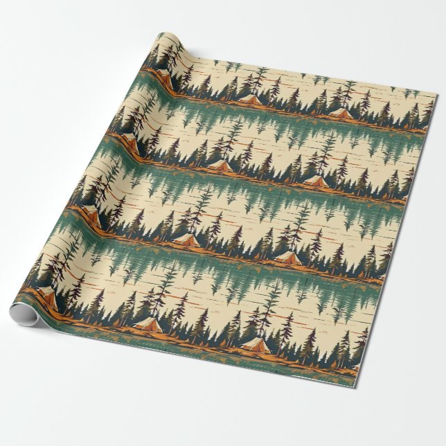 Camping Themed Nature Colours Birthday Wrapping Paper (Unrolled)