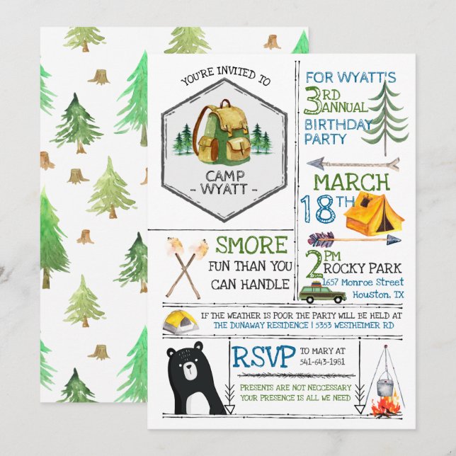 Camping Themed Party - Badges & Icons Invitation (Front/Back)