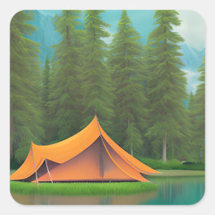 Camping Themed   Tent on the Lake and Mountains Square Sticker