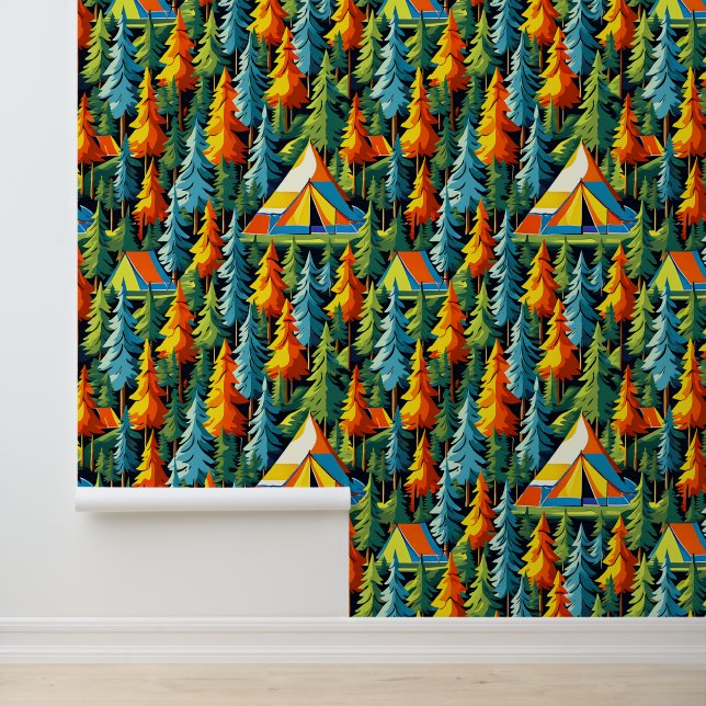 Camping Themed Tents and Pine Trees Wallpaper (Application)