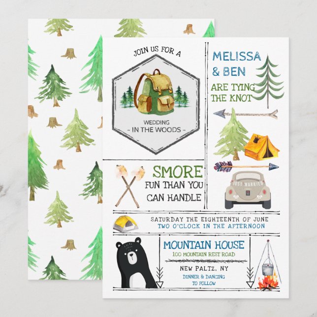Camping Themed Wedding - Badges & Icons Invitation (Front/Back)