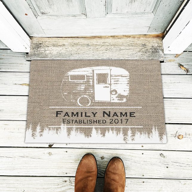 Camping Trailer Campers Family Name Burlap Doormat (Creator Uploaded)