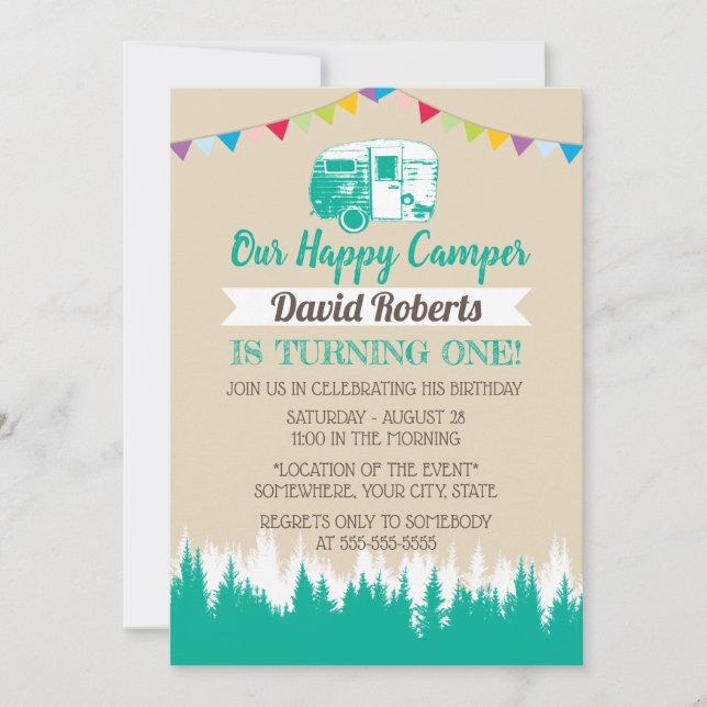 Camping Trailer Happy Camper Birthday Invitation (Front)