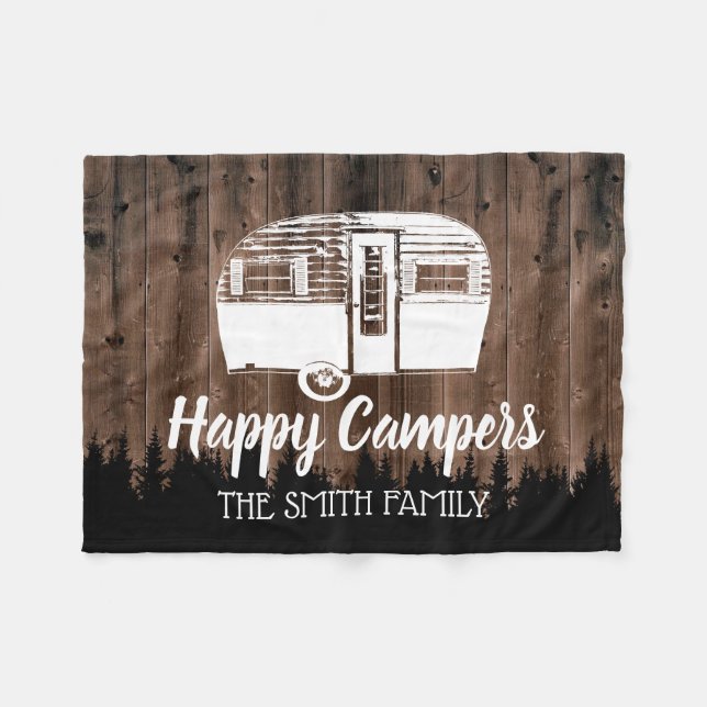 Camping Trailer Happy Campers Forest Rustic Wood Fleece Blanket (Front (Horizontal))