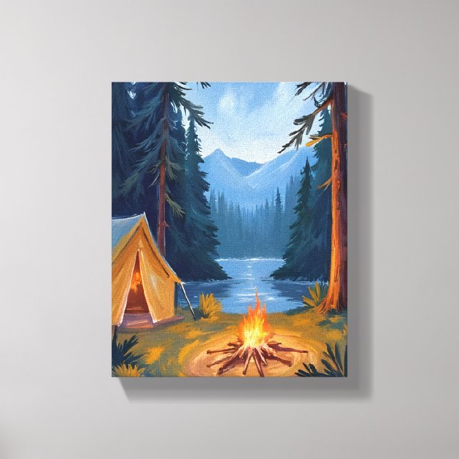 Camping Trip Forest Campfire Tent Watercolor Canvas Print (Front)