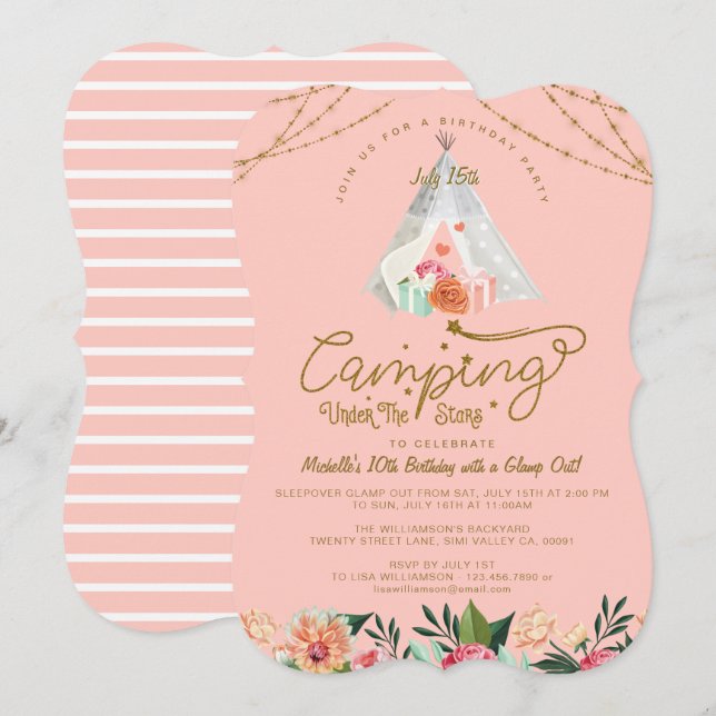 Camping Under the Stars Tepee Pink & Gold Camping Invitation (Front/Back)