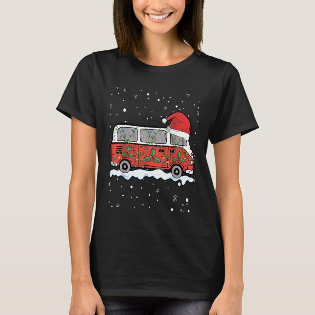 Camping Van Santa Hat Christmas Lights  Camper Xma T-Shirt (Front)