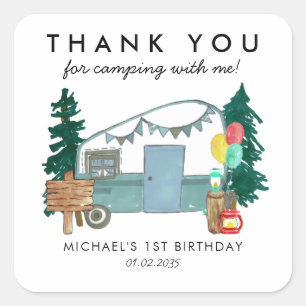Camping Van Trees Kids Birthday Thank You Favour Square Sticker