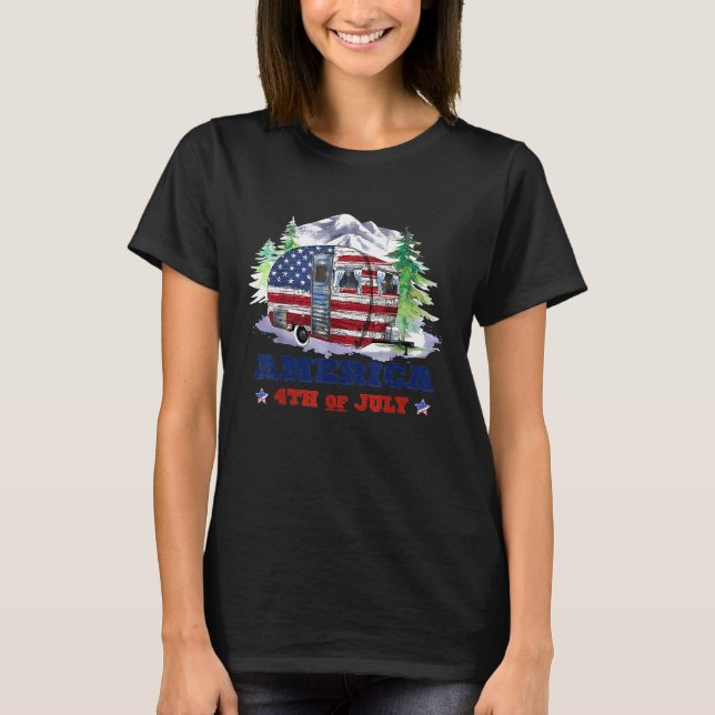 Camping Van Usa Flag Camper America 4th Of July T  T-Shirt (Front)