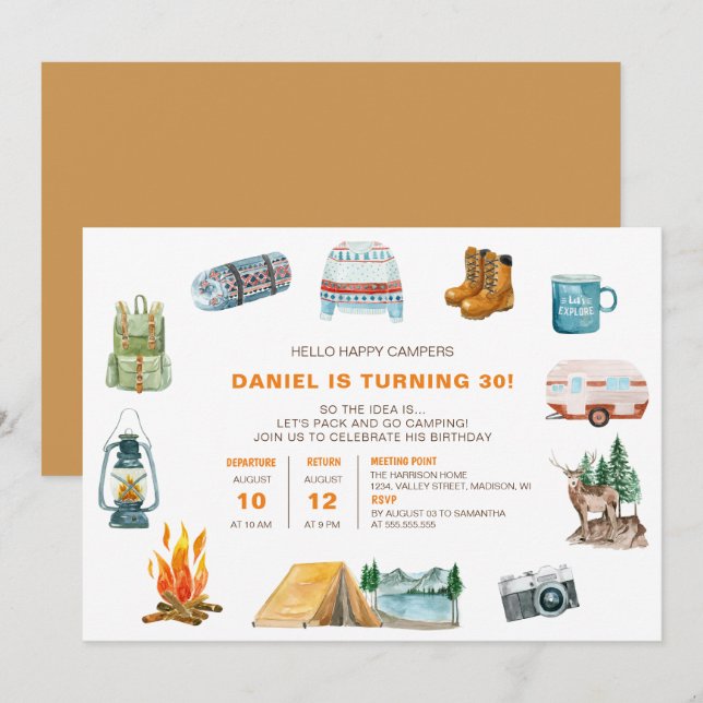 Camping Watercolor Icons Outdoors Birthday Invitation (Front/Back)
