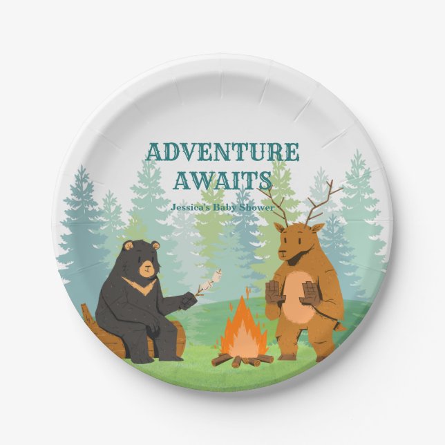 Camping Woodland Animals Baby Shower Paper Plate (Front)