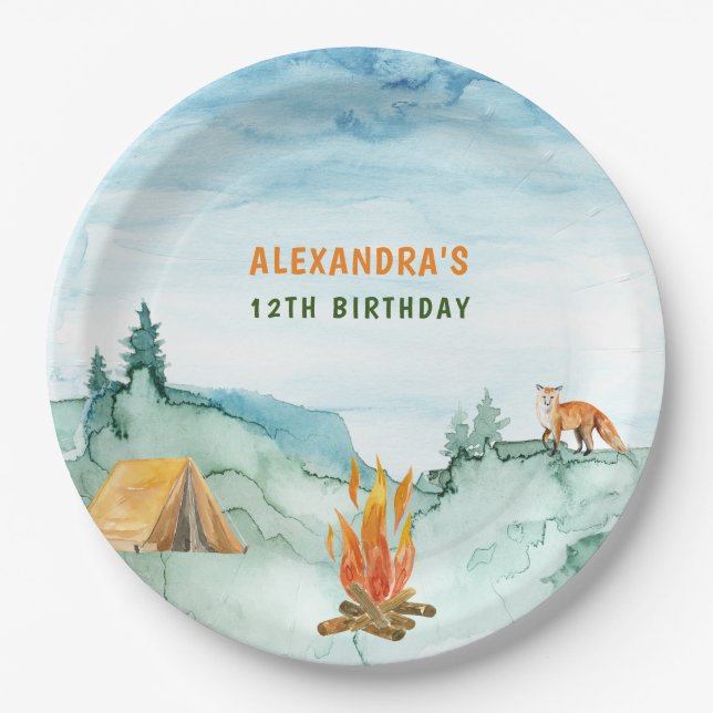 Camping Woodland Watercolor Tent Campout Birthday Paper Plate (Front)