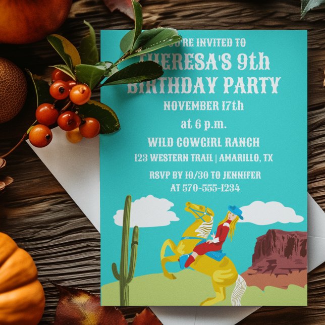 Campy Western Cowgirl on Horse Custom Birthday Invitation (Creator Uploaded)