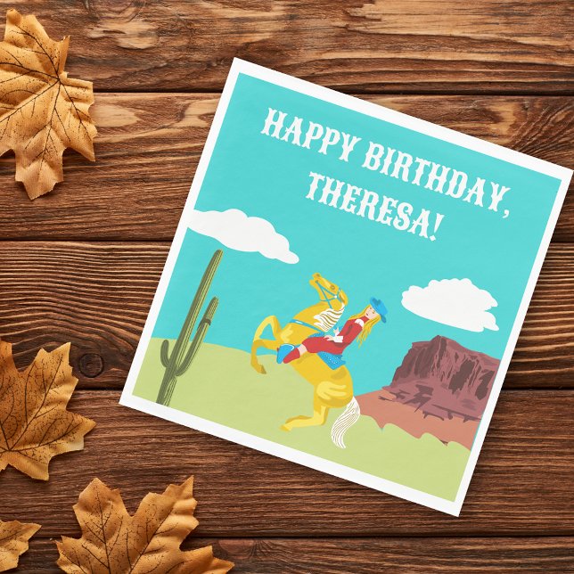 Campy Western Cowgirl on Horse Custom Birthday Napkin (Creator Uploaded)