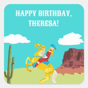 Campy Western Cowgirl on Horse Custom Birthday Square Sticker