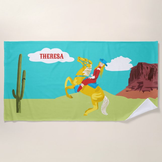 Campy Western Cowgirl on Horse Personalised Beach Towel (Front)