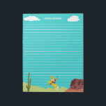 Campy Western Cowgirl on Horse Personalised Notepad<br><div class="desc">Write letters or notes in style with this personalised writing paper. The bright blue paper has white lines to keep your writing neat and even. At the bottom is a retro style illustration of a cowgirl on a horse in a western landscape. At the top between the white clouds is...</div>