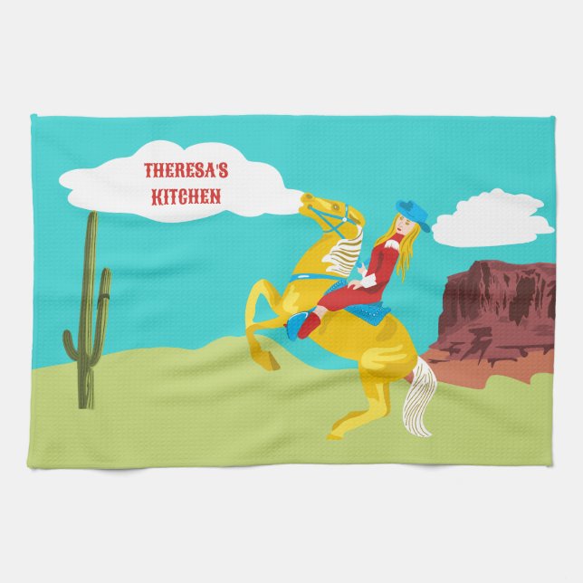 Campy Western Cowgirl on Horse Personalised Tea Towel (Horizontal)