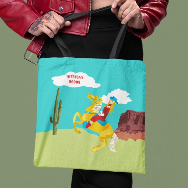 Campy Western Cowgirl on Horse Personalised Tote Bag (Creator Uploaded)
