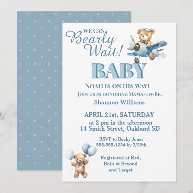 Can Bearly Wait- Cute Boy Teddy Bear in Plane Invitation (Front/Back)