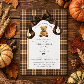 Can Bearly Wait Fall Plaid Teddy Bear Baby Shower Invitation