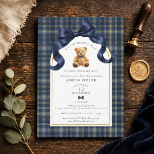 Can Bearly Wait Plaid Polo Teddy Bear Baby Shower Invitation