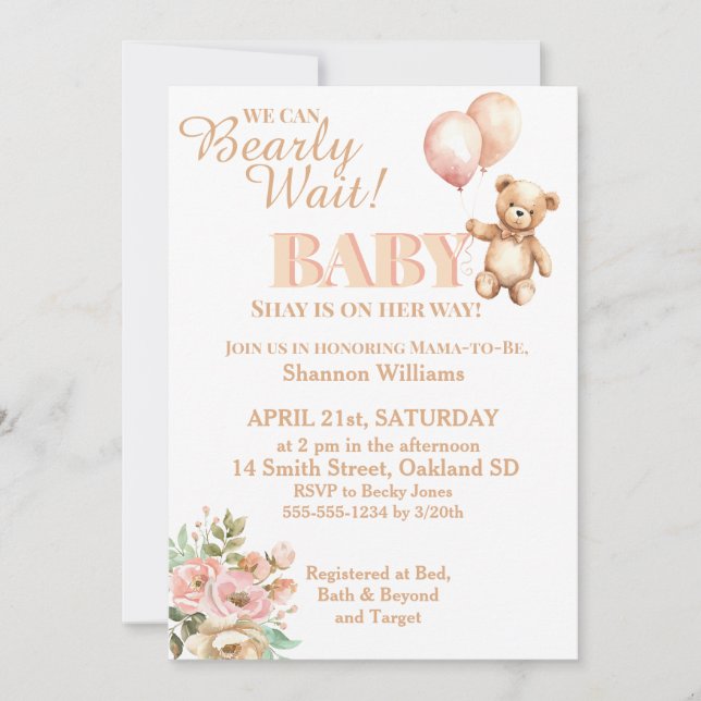 Can Bearly Wait-Sweet Girl Teddy Bear and Balloons Invitation (Front)