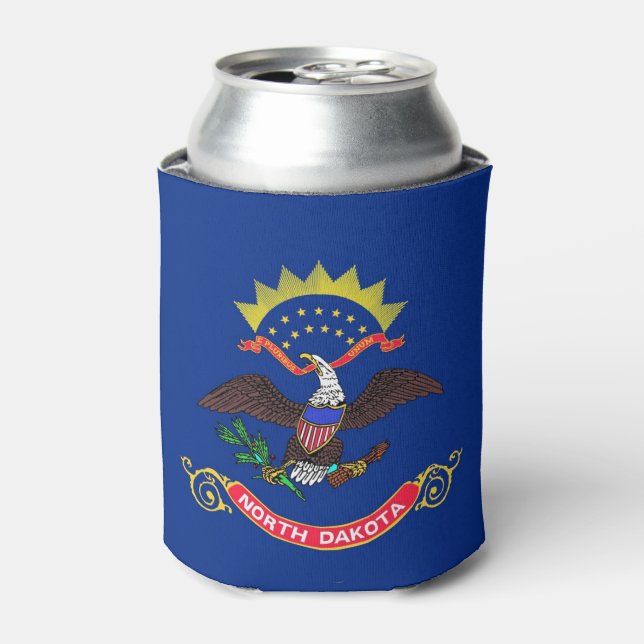 Can Cooler with flag of North Dakota, USA. (Can Front)
