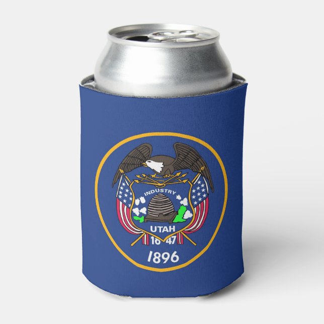 Can Cooler with flag of Utah State, USA. (Can Front)