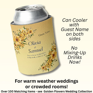 Can Cooler with Guest Name Golden Yellow Flowers