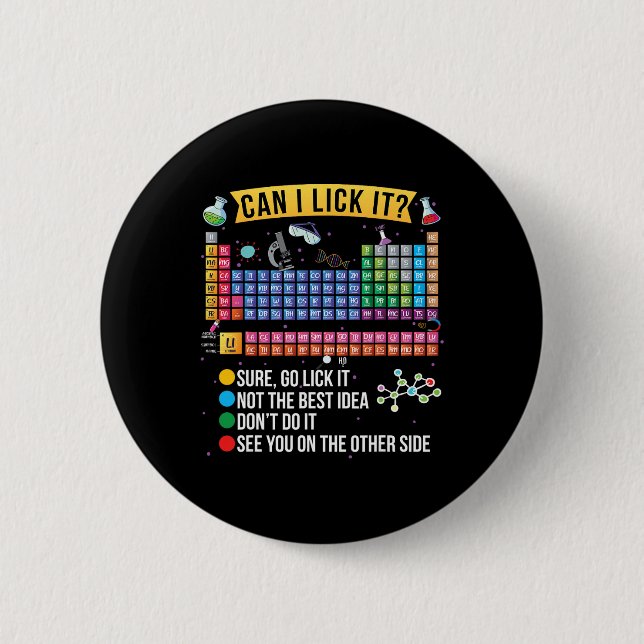 Can I Lick It Periodic Table Funny Science Chemist 6 Cm Round Badge (Front)