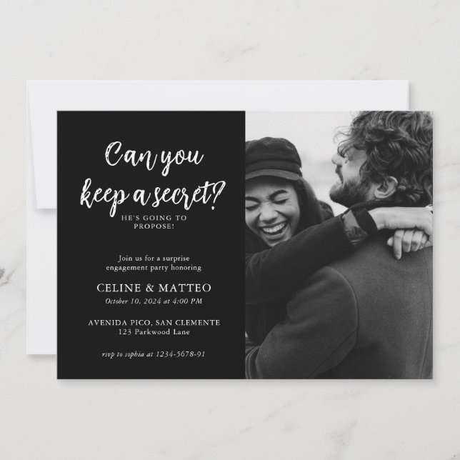 Can you keep a Secret? | Black Photo Engagement Invitation (Front)