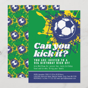 Can you kick it green soccer ball birthday party invitation