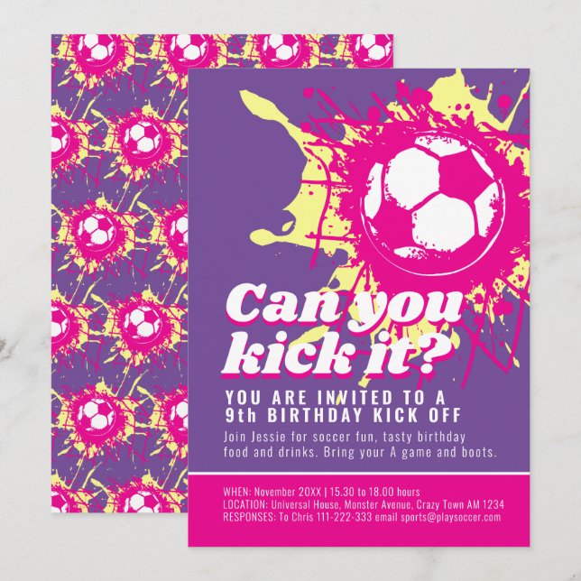 Can you kick it pink soccer ball birthday party invitation (Front/Back)