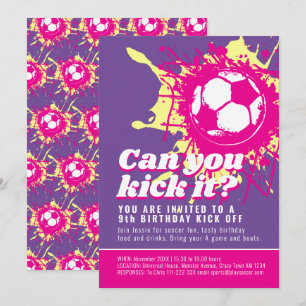 Can you kick it pink soccer ball birthday party invitation