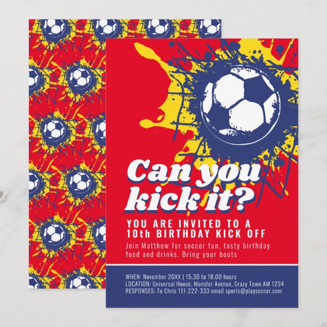 Can you kick it red soccer football birthday party invitation (Front/Back)