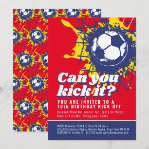 Can you kick it red soccer football birthday party invitation