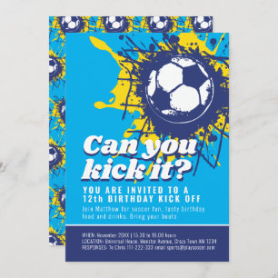 Can you kick it soccer 12th birthday party blue invitation
