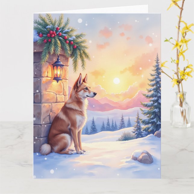 Canaan Dog Desert Stone Winter Christmas Art Card (Yellow Flower)