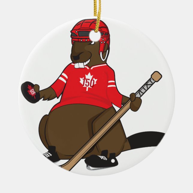 Canada 150 in 2017 Beaver Hockey Ceramic Tree Decoration (Front)