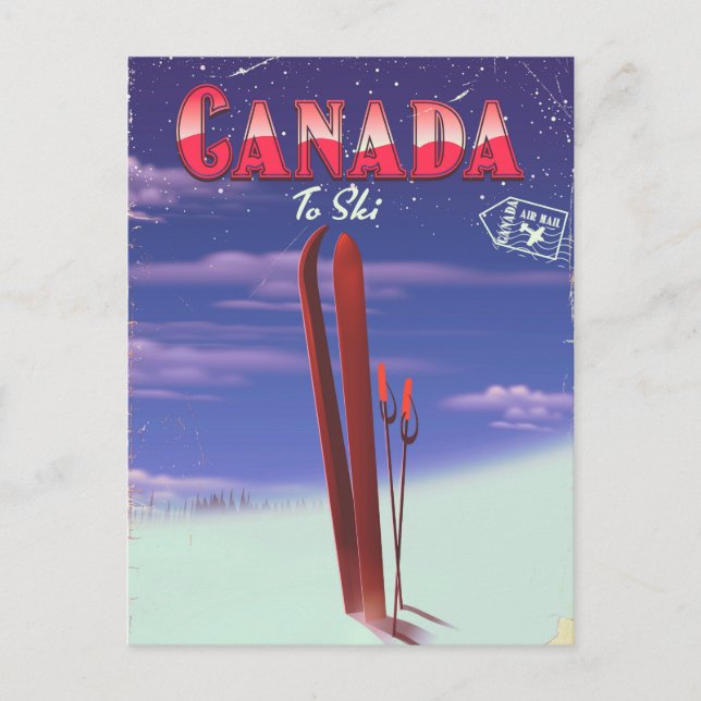 Canada Air mail to ski postcard illustration. (Front)