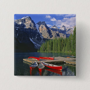 Canada, Alberta, Moraine Lake. Red canoes await 15 Cm Square Badge