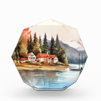 Canada Autumn Nature Lake Landscape Watercolor Photo Block
