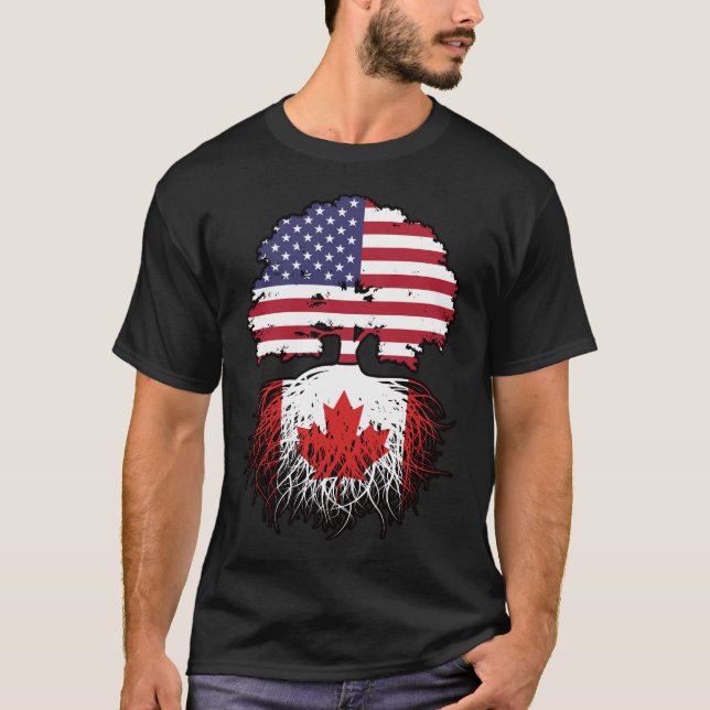 Canada Canadian American USA Tree Roots Flag T-Shirt (Front)