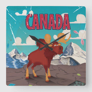 Canada Cartoon Vintage Moose Poster Square Wall Clock