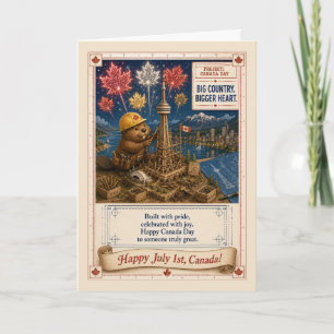 Canada Day Beaver Builder CN Tower Art Patriotic Card
