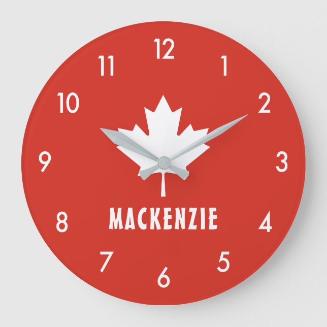 Canada Day Red White Canadian Flag Maple Leaf Name Large Clock (Front)