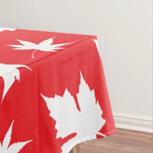 Canada Day White Maple Leaf Pattern on Red Tablecloth